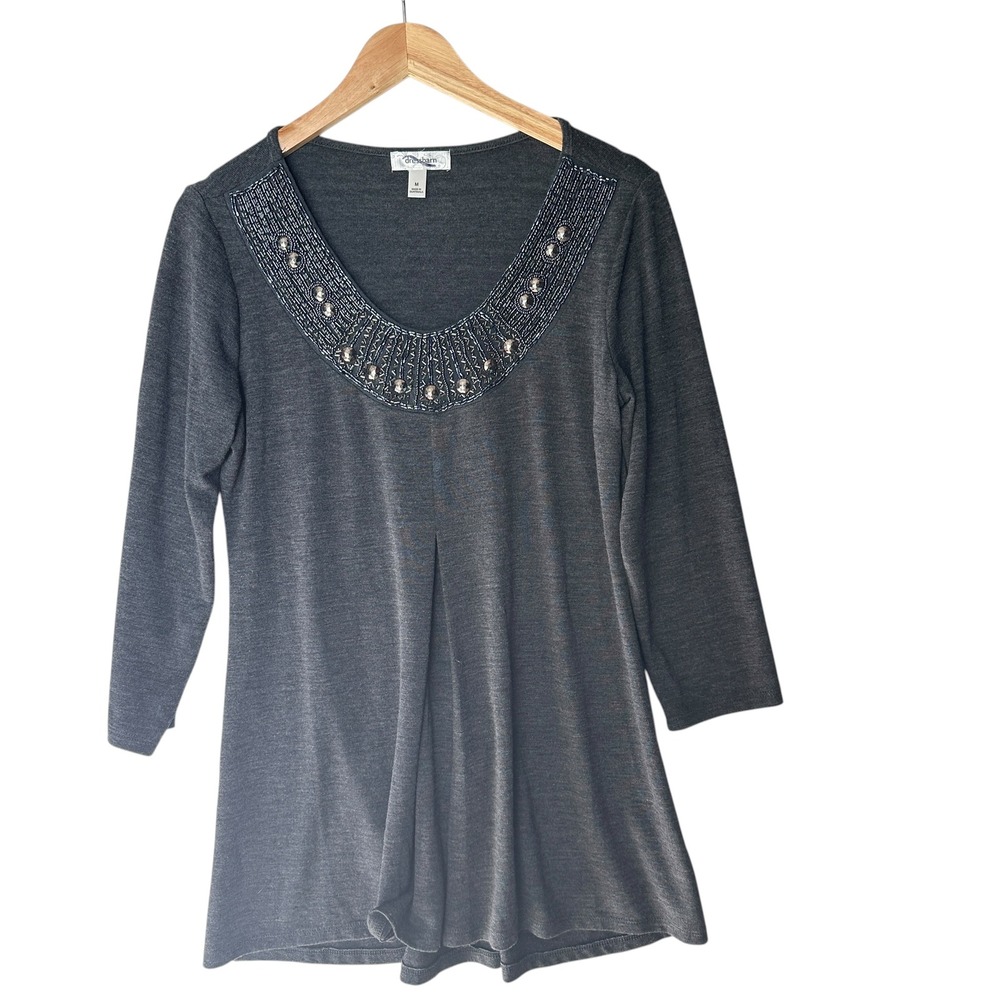 dressbarn Tunic Top Grey Beaded Neckline Elegant Office